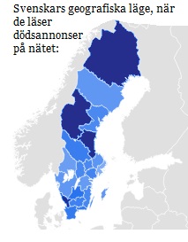 Svenskars geografiska läge när de läser digitala dödsannonser